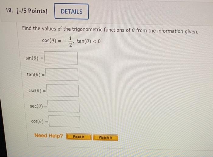 Solved Find the values of the trigonometric functions of θ | Chegg.com