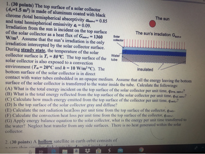 Solved 1. (30 points) The top surface of a solar collector | Chegg.com