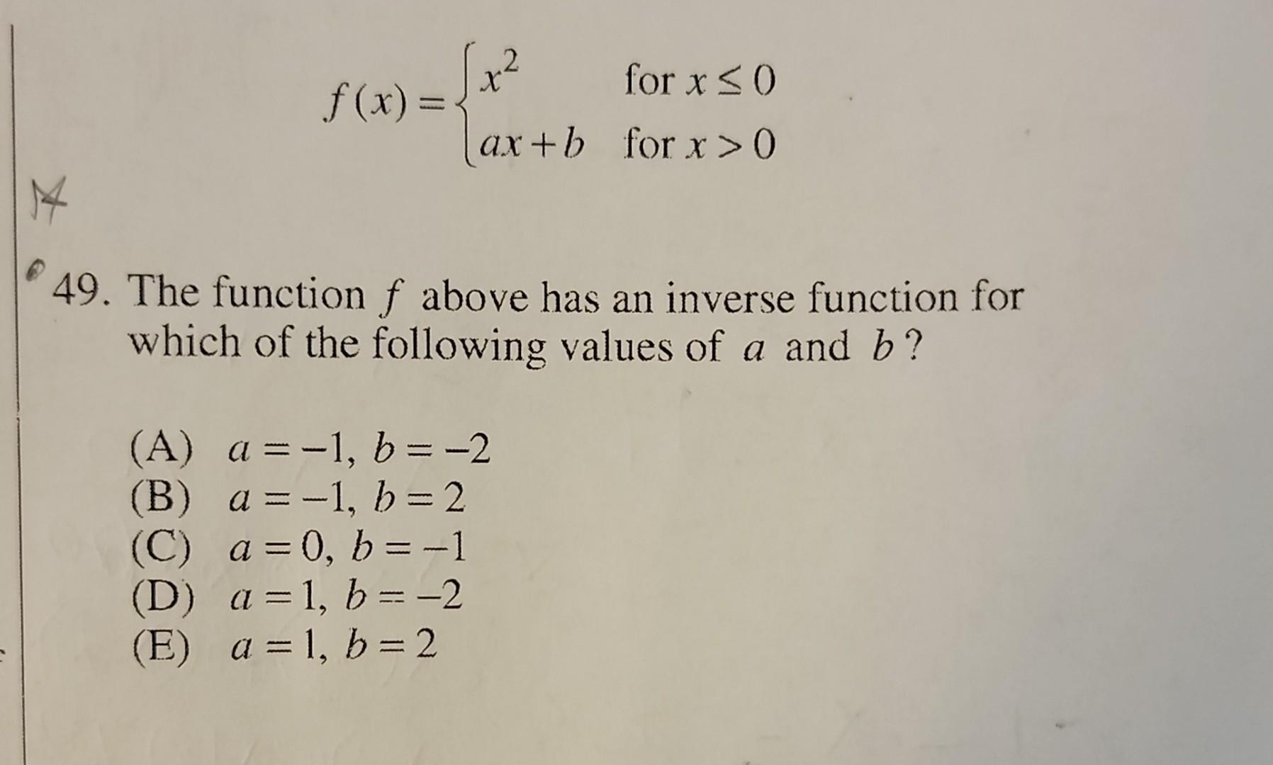 Solved The function f above has an inverse function for | Chegg.com