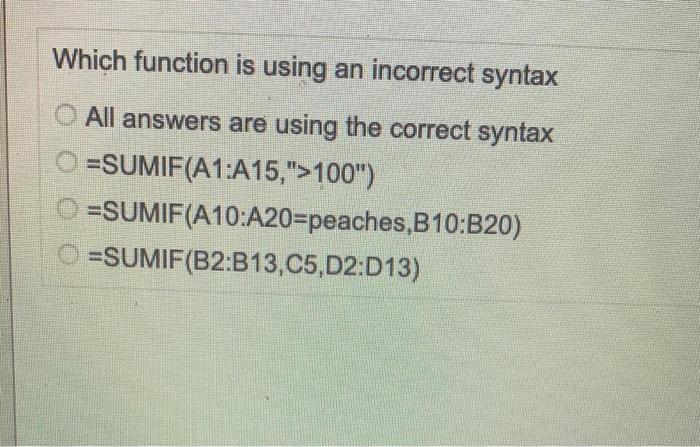 Solved Which function is using an incorrect syntax All | Chegg.com