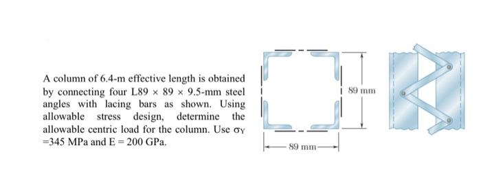 A column of 6.4-m effective length is obtained by connecting four L \( 89 \times 89 \times 9.5-\mathrm{mm} \) steel angles wi