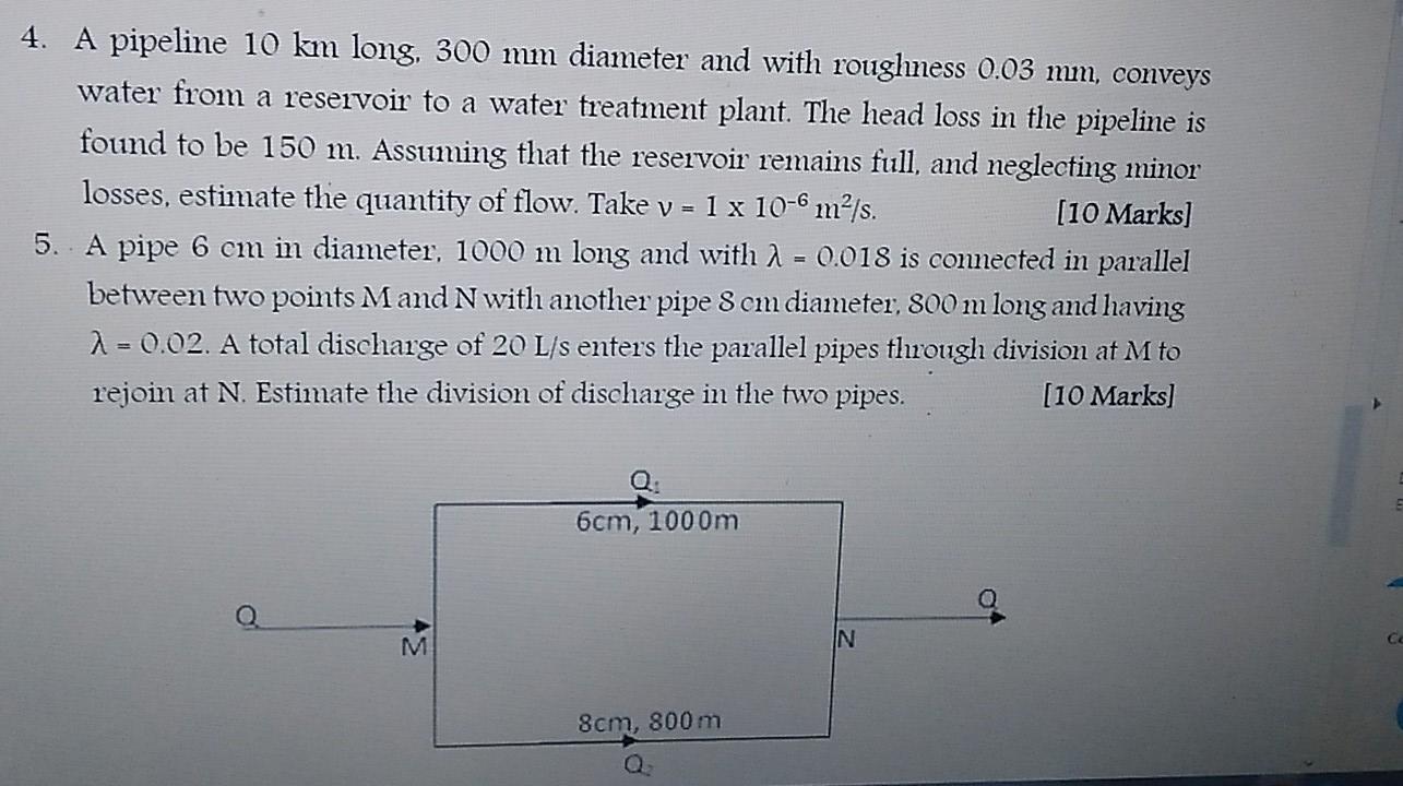 Solved 4. A pipeline 10 km long, 300 mm diameter and with | Chegg.com