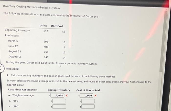 Solved Inventory Costing Methods-Periodic System The | Chegg.com