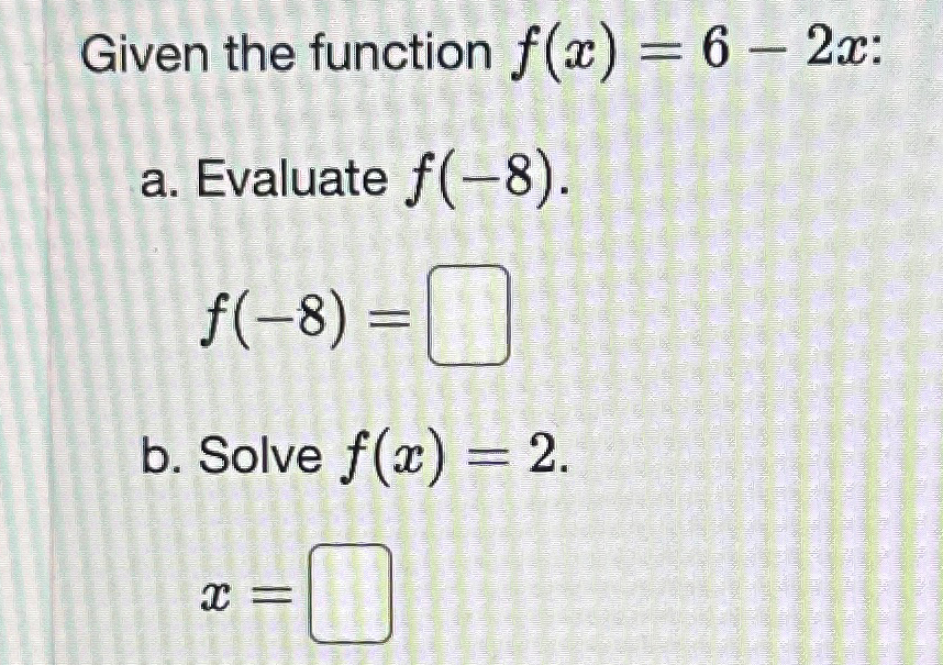 Solved Given the function f(x)=6-2x ﻿:a. ﻿Evaluate | Chegg.com