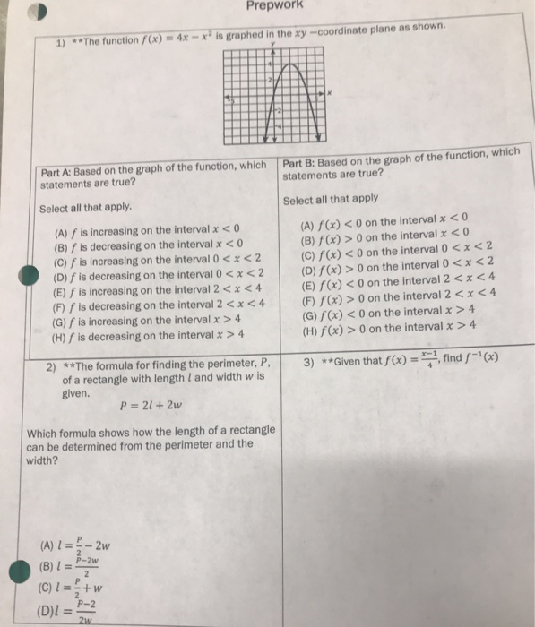 Solved Prepwork 1 The Function X 4x X Is Graphe Chegg Com