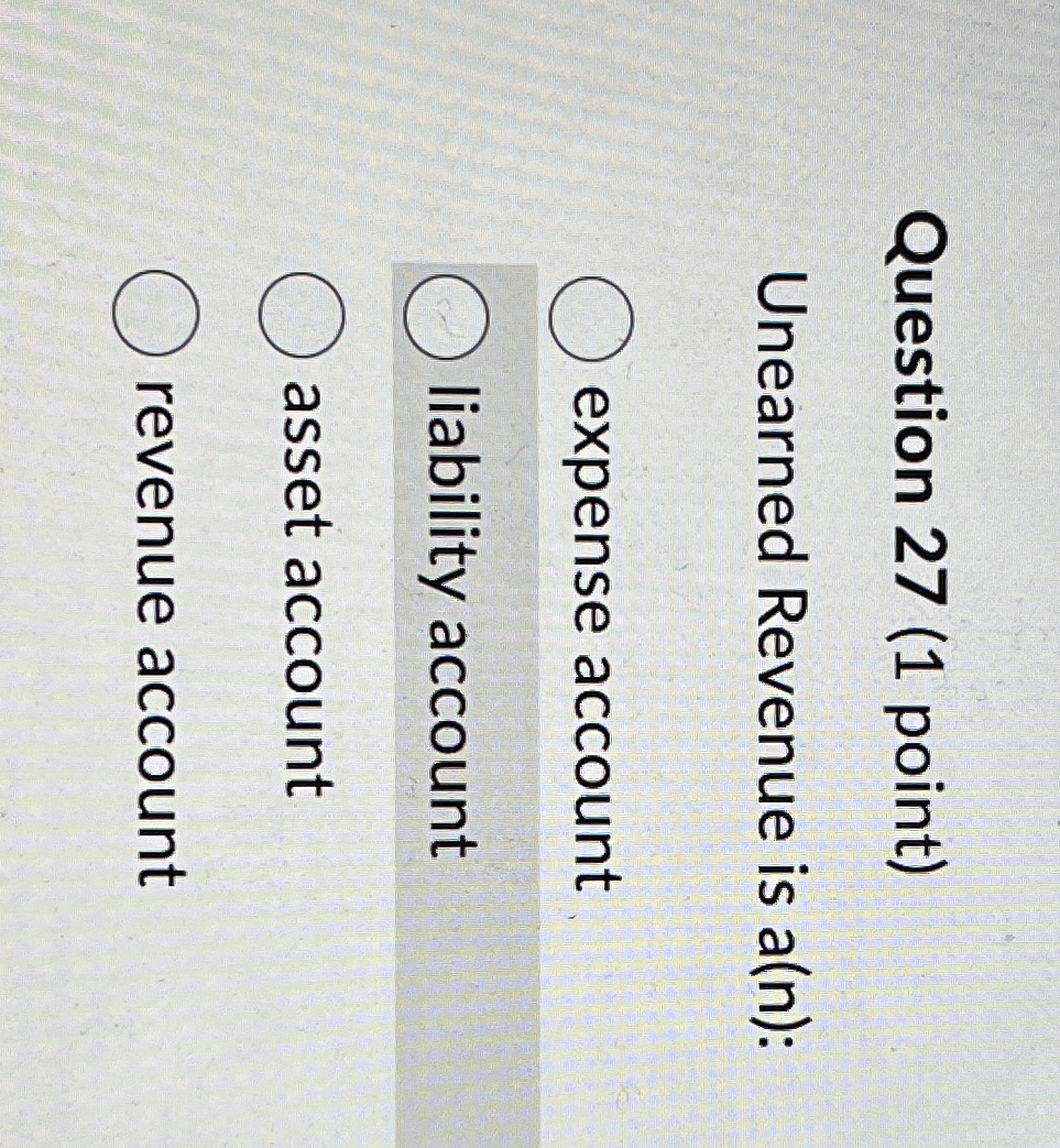 Solved Question 27 (1 ﻿point)Unearned Revenue is a(n) | Chegg.com