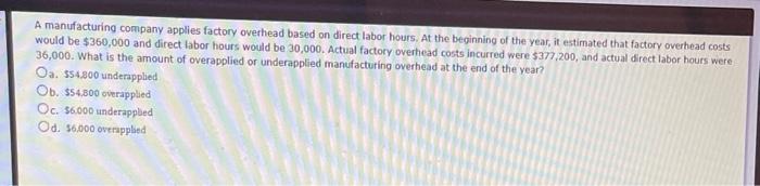 Solved A Manufacturing Company Applies Factory Overhead | Chegg.com