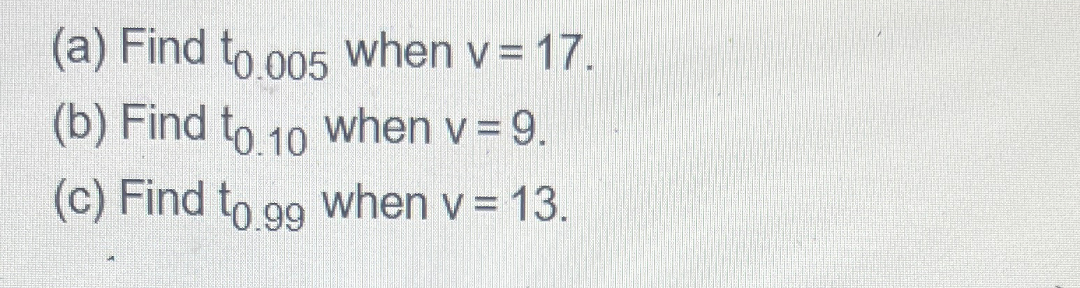 Solved (a) ﻿Find t0.005 ﻿when v=17(b) ﻿Find t0.10 ﻿when | Chegg.com