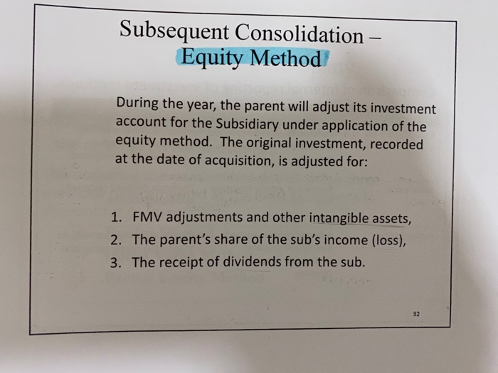 Subsequent consolidation - equity method during the year, the parent will adjust its investment account for the subsidiary un