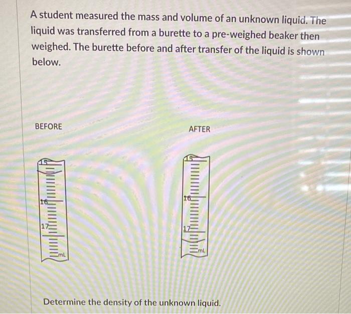 A student measured the mass and volume of an unknown liquid. The
liquid was transferred from a burette to a pre-weighed beake