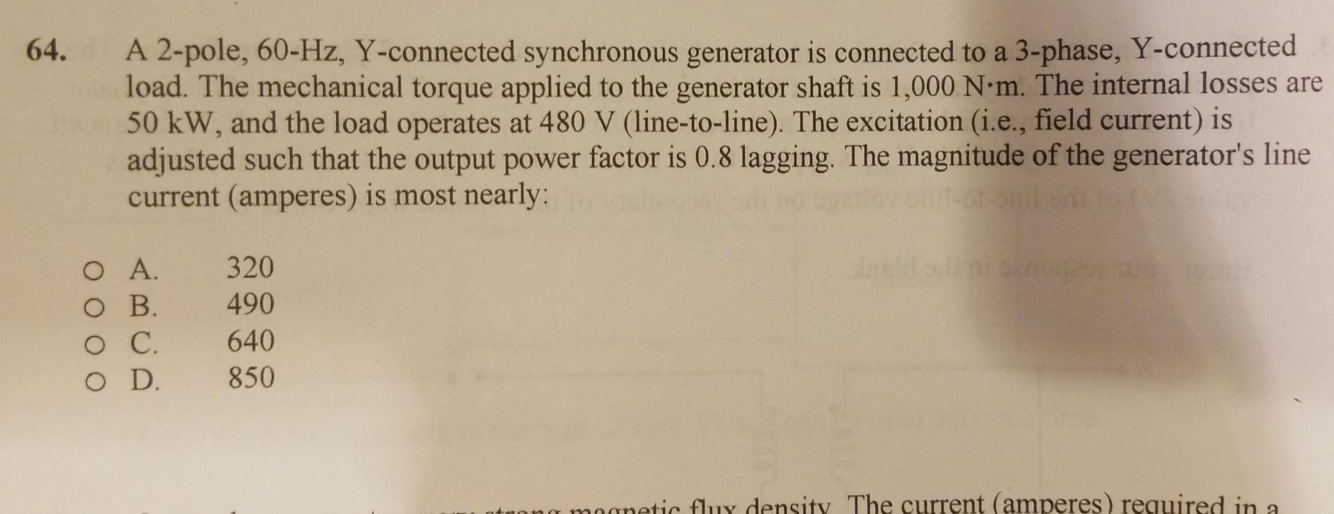 Solved 64. A 2-pole, 60-Hz, Y-connected synchronous | Chegg.com