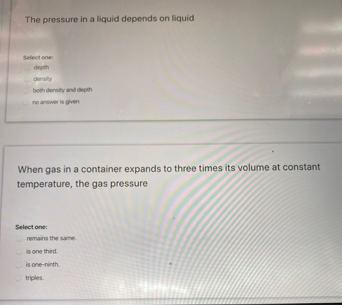 Solved The pressure in a liquid depends on liquid Select
