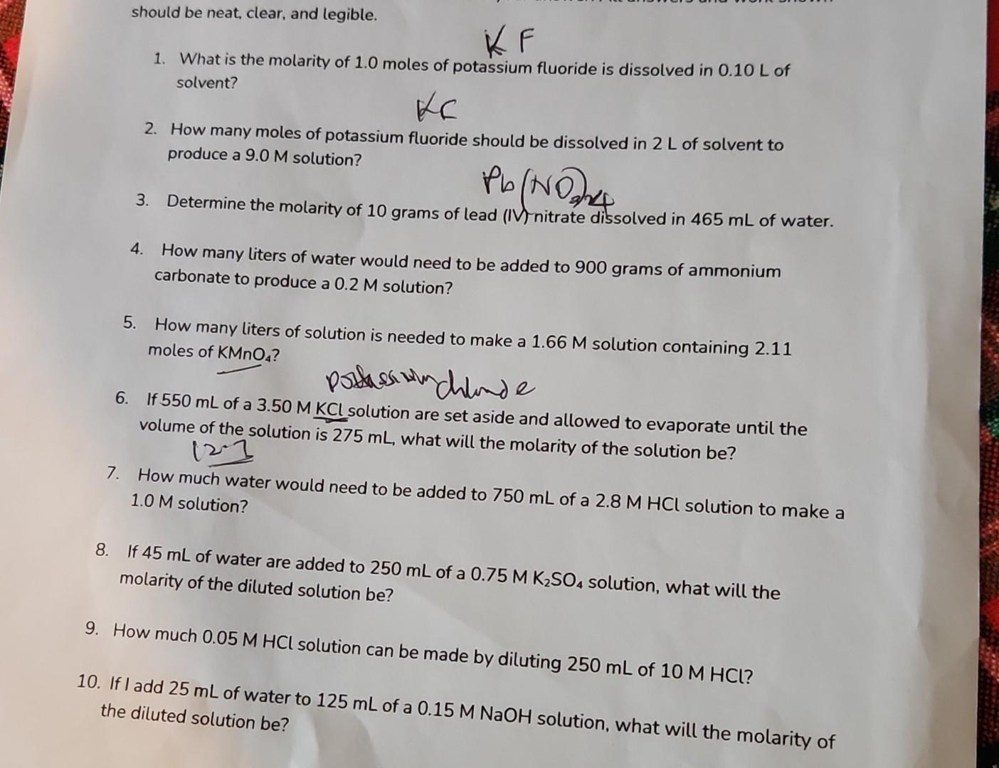 Solved 1. What is the molarity of 1.0 moles of potassium | Chegg.com