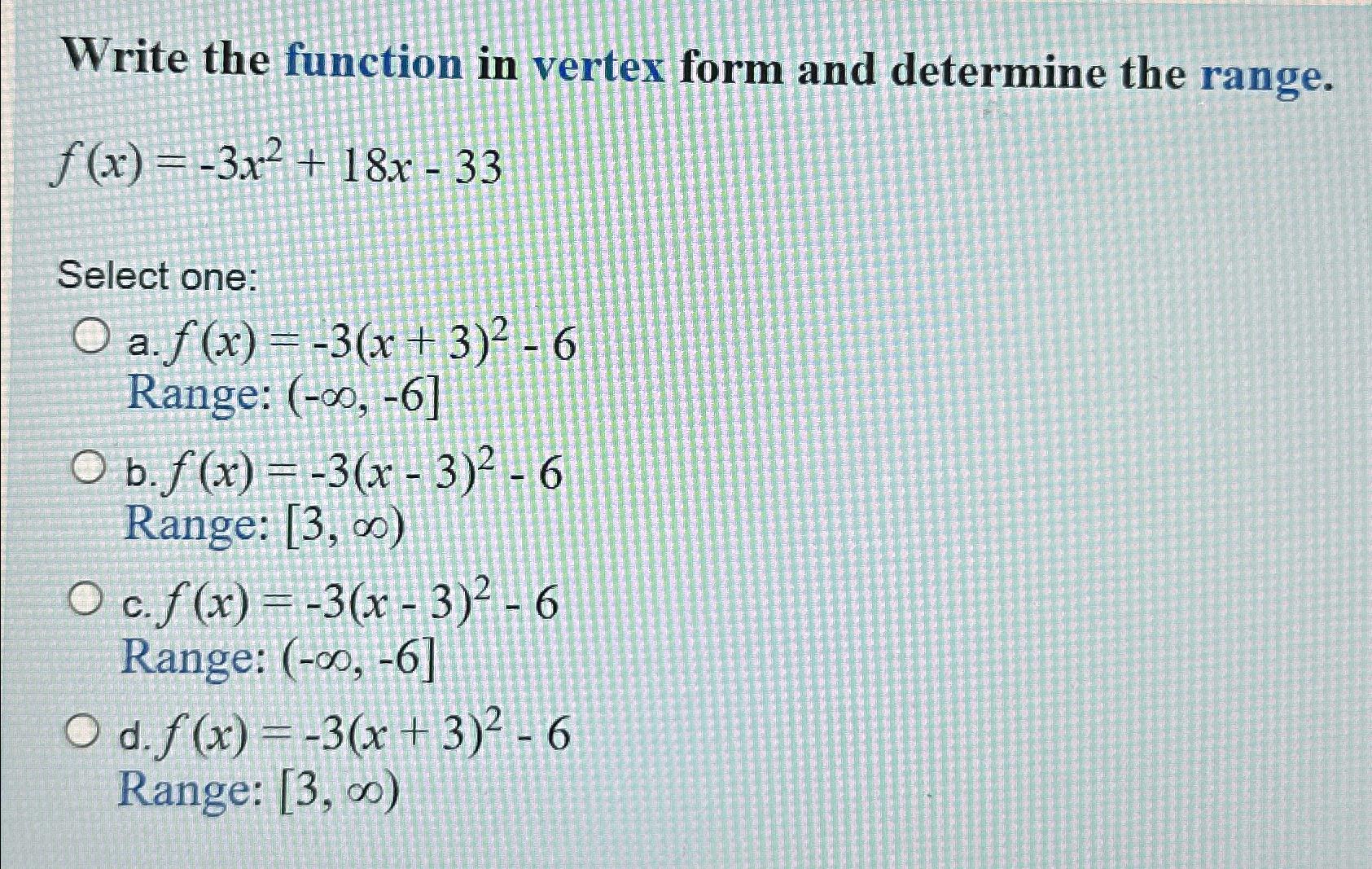 Solved Write the function in vertex form and determine the