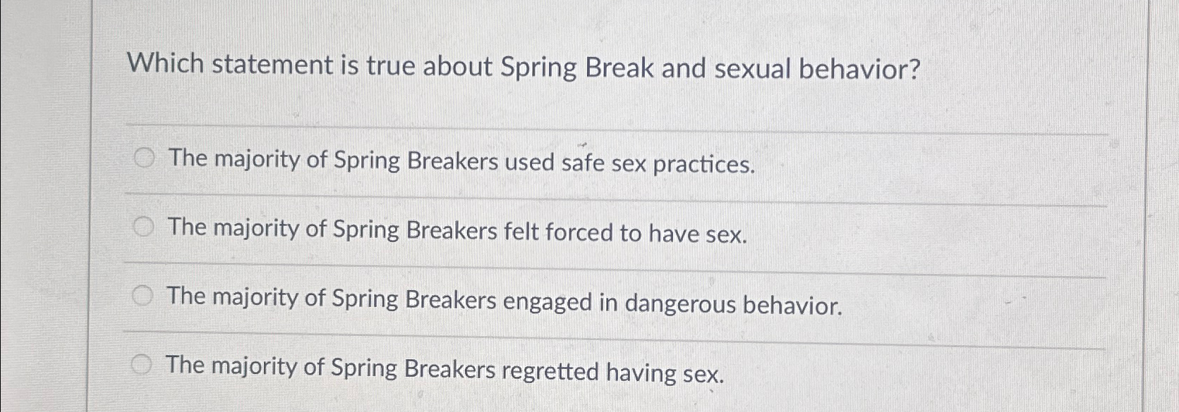 Solved Which statement is true about Spring Break and sexual | Chegg.com