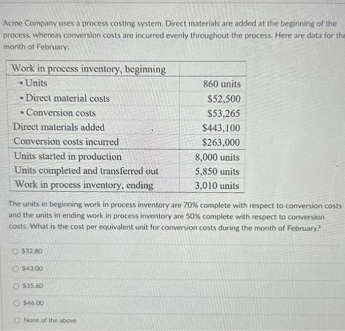 Solved Acme Company uses a process costing system. Direct