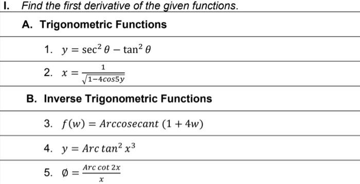 Solved 1. Find the first derivative of the given functions. | Chegg.com