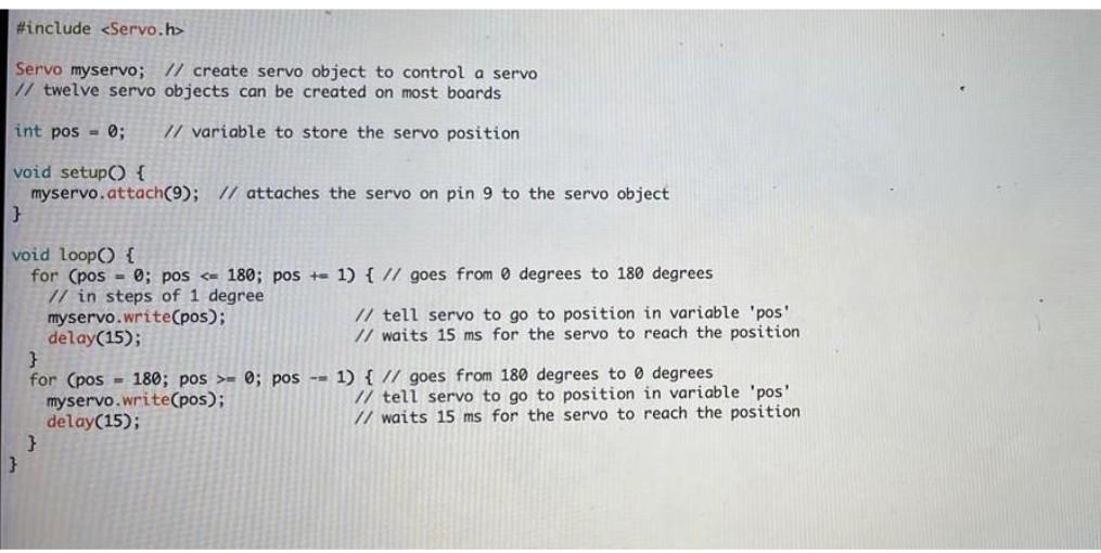 Solved include Servo myservo; // create servo object to