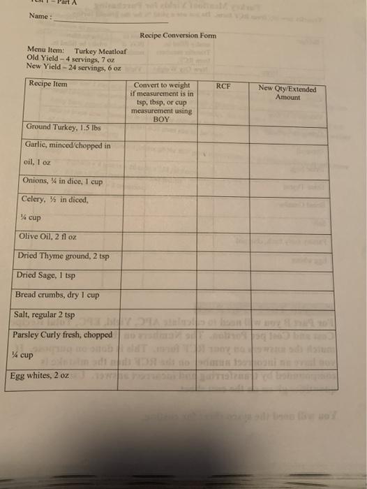 Name : Recipe Conversion Form Menu Item: Turkey | Chegg.com
