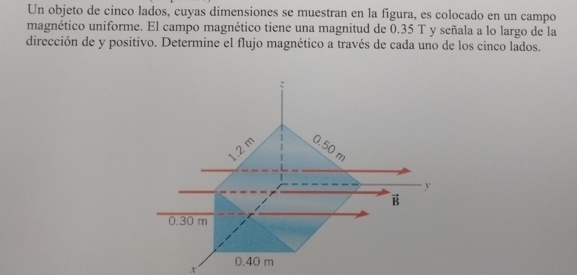 Un objeto de cinco lados, cuyas dimensiones se muestran en la figura, es colocado en un campo magnético uniforme. El campo ma