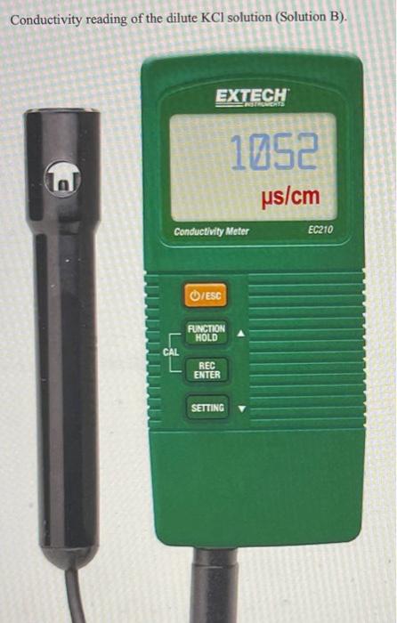 Conductivity reading of the dilute \( \mathrm{KCl} \) solution (Solution B).