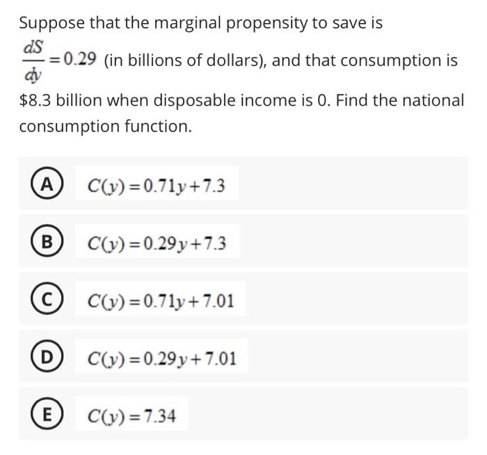 Solved Suppose that the marginal propensity to save is dS = | Chegg.com