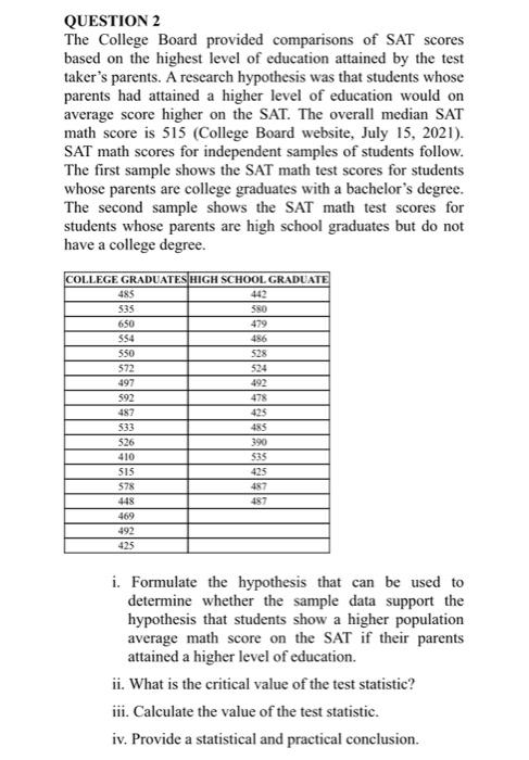 Solved QUESTION 2 The College Board provided comparisons of | Chegg.com