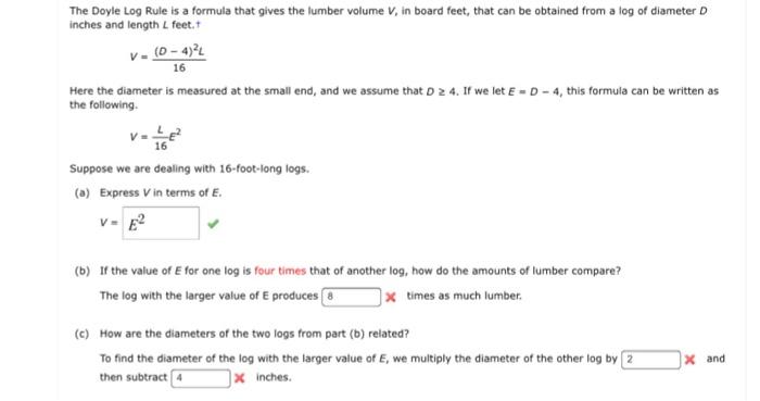 Solved The Doyle Log Rule Is A Formula That Gives The Lumber Chegg Com