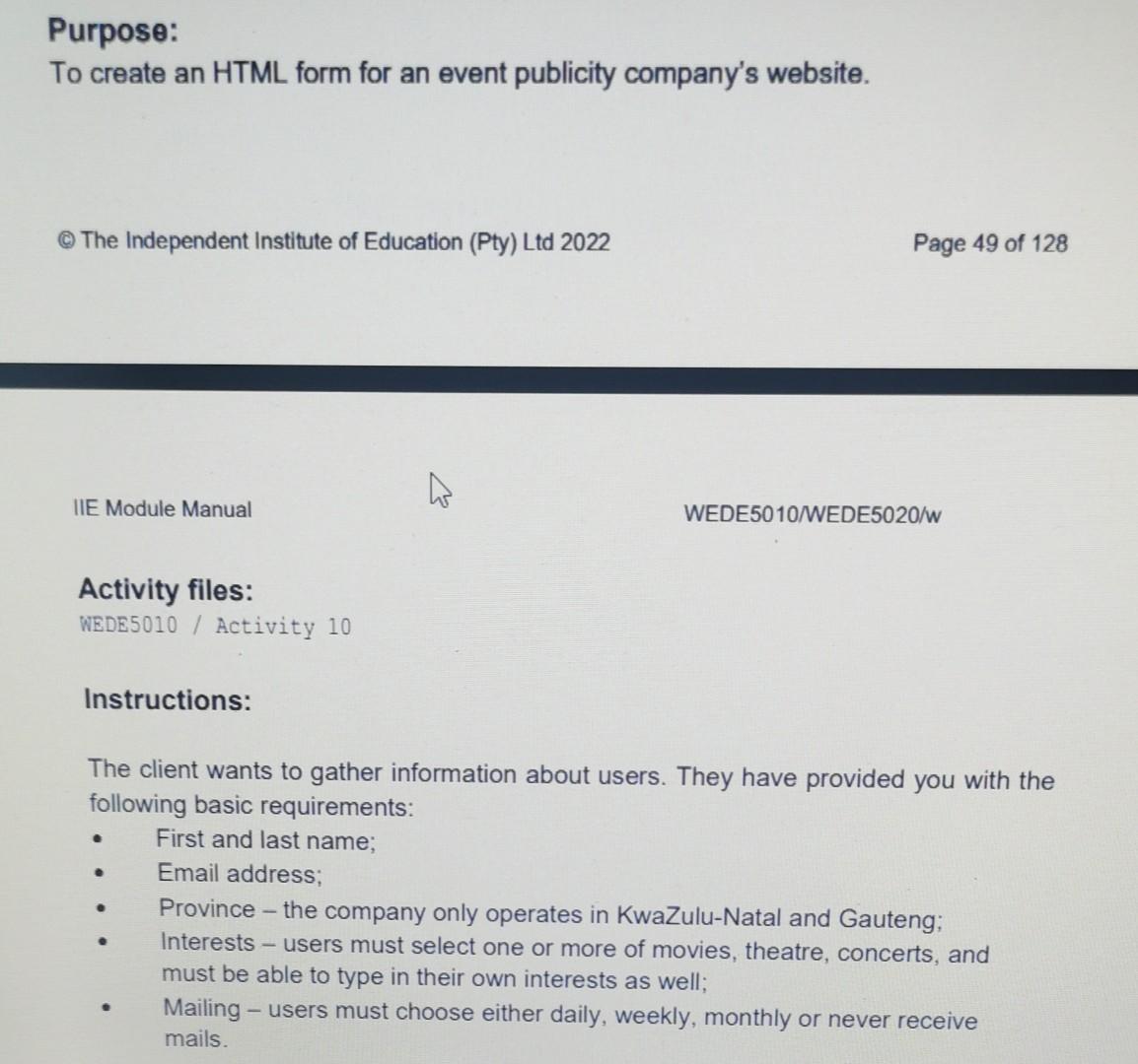 Solved Purpose: To create an HTML form for an event | Chegg.com
