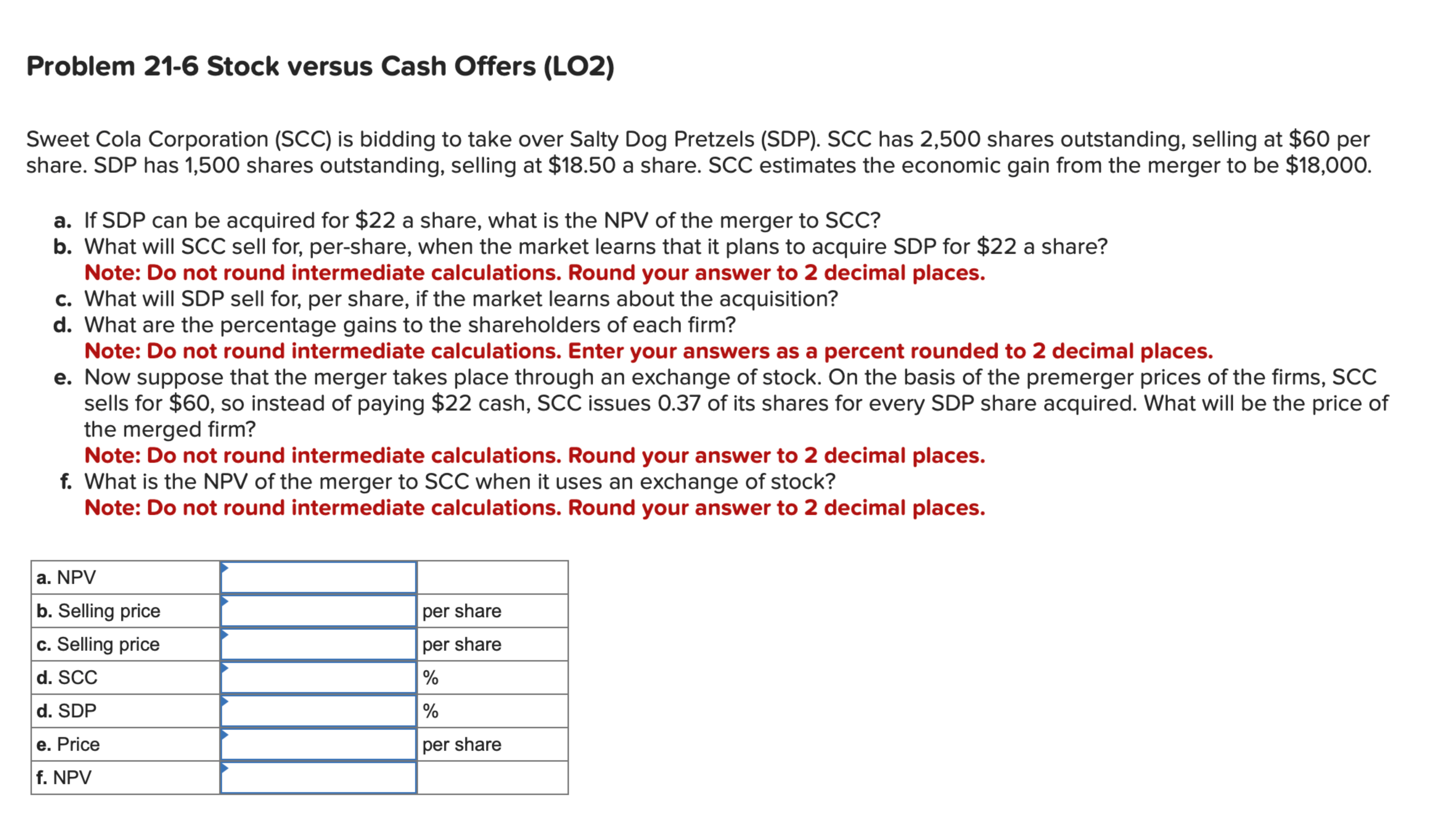 Solved Problem 216 ﻿Stock versus Cash Offers (LO2)Sweet