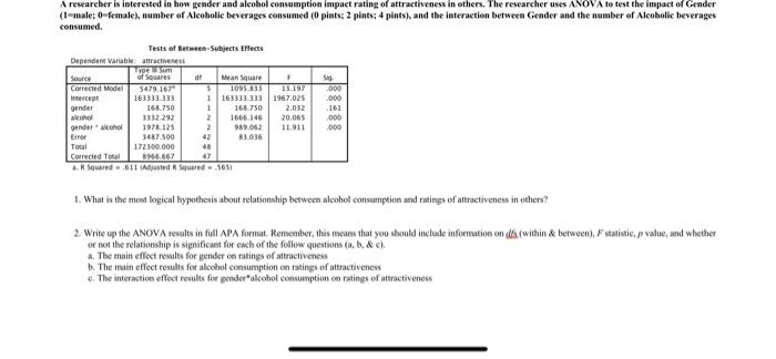 Solved A researcher is interested in how gender and alcohol | Chegg.com