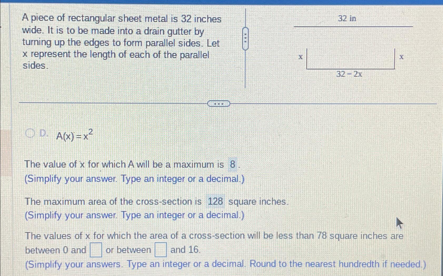 Solved A piece of rectangular sheet metal is 32 ﻿inches | Chegg.com