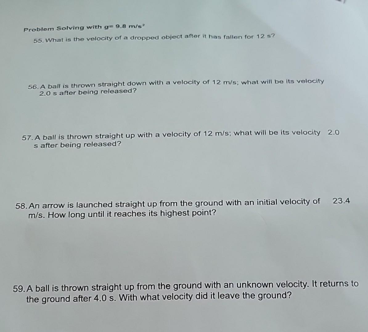 Solved Problem Solving with g=9.8 m/s2 55. What is the | Chegg.com