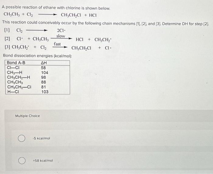 Solved A Possible Reaction Of Ethane With Chlorine Is Shown