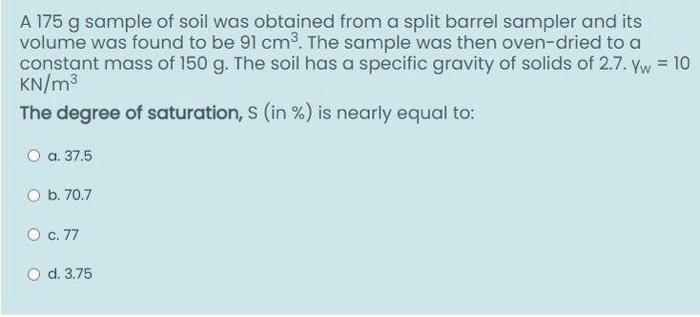 Solved A 175 g sample of soil was obtained from a split | Chegg.com