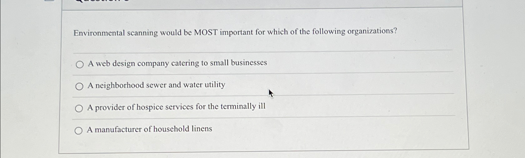 Solved Environmental Scanning Would Be Most Important For 