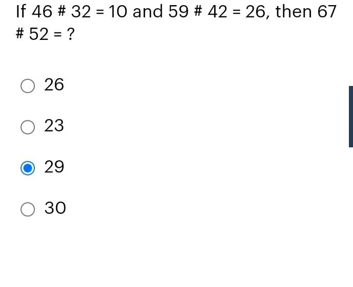 Solved If 46#32=10 ﻿and 59#42=26, ﻿then 67 ﻿# 52= ?26232930 | Chegg.com