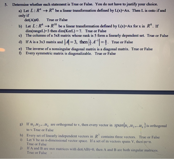 Solved 5. Determine whether each statement is True or False. | Chegg.com