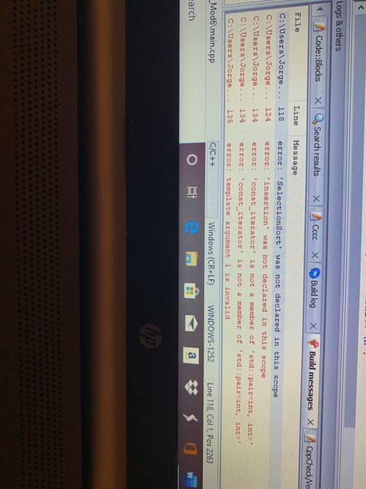 Logs & others A Code::Blocks Search results A Ccc Build log Build messages X CppCheck/Ve File Line Message C:UsersJorge...