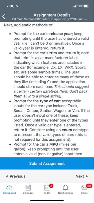 Next, add static methods to:
- Prompt for the cars release year; keep prompting until the user has entered a valid year (i.e