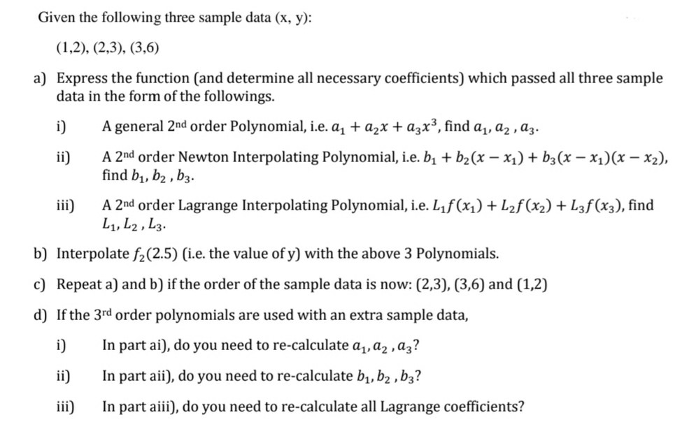 Solved Given the following three sample data (x, y): (1,2), | Chegg.com