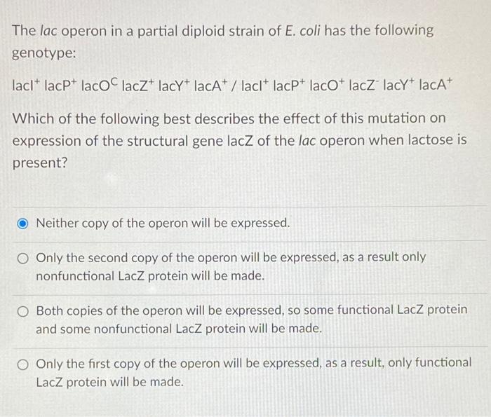 Solved The lac operon in a partial diploid strain of E. coli | Chegg.com