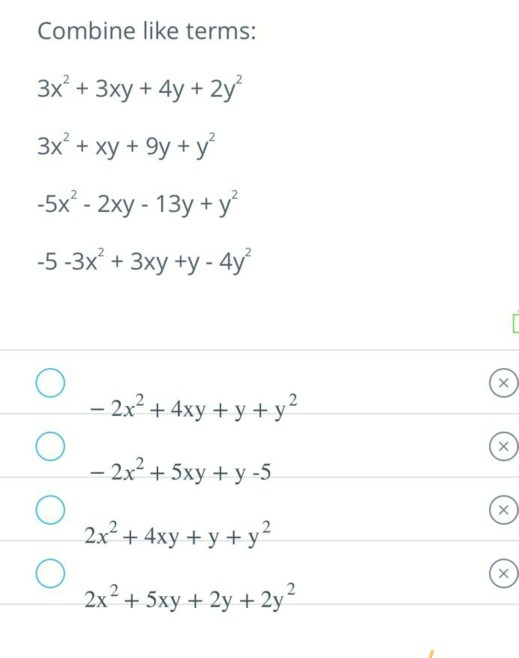 Combine Like Terms 3x 3xy 4y 2y 3x Xy 9y Chegg Com