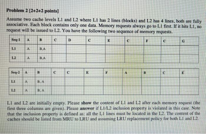Solved Problem 2 [2+2+2 points) Assume two cache levels L1 | Chegg.com