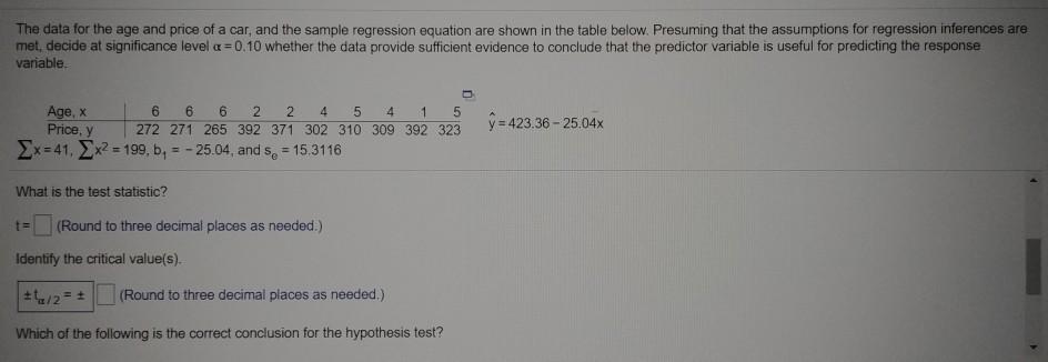 Solved The data for the age and price of a car, and the | Chegg.com