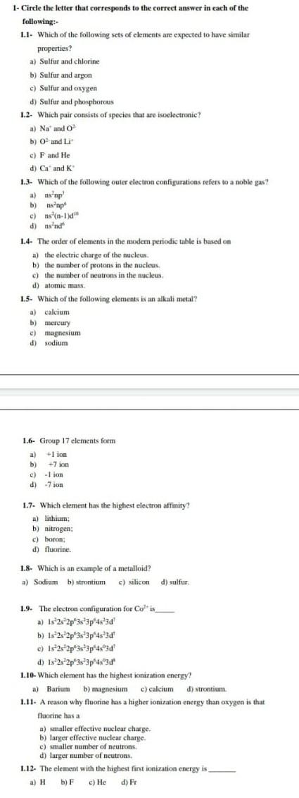 Solved 1- Circle the letter that corresponds to the correct | Chegg.com