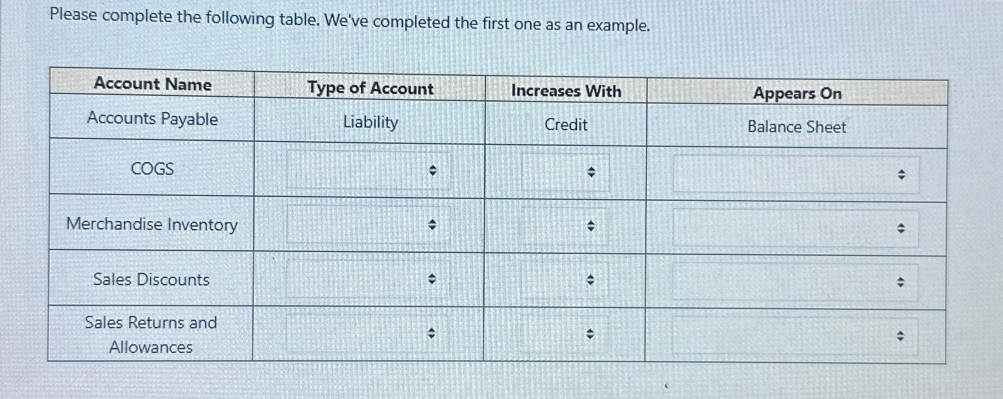 Solved Please complete the following table. We've completed | Chegg.com