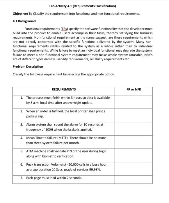 Solved Lab Activity 4.1 (Requirements Classification) | Chegg.com