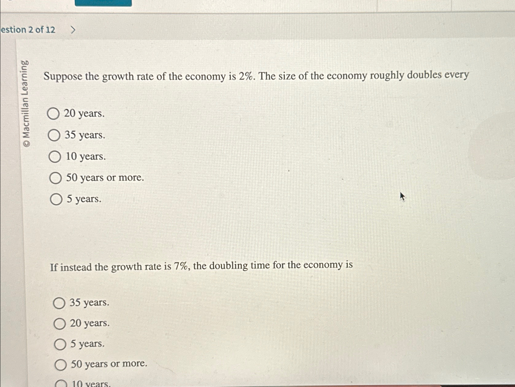 Solved estion 2 ﻿of 12Suppose the growth rate of the economy | Chegg.com