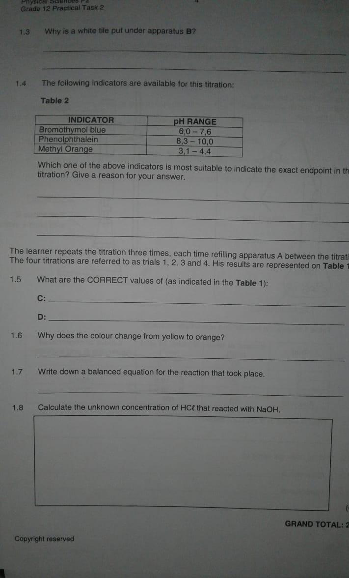 Solved QUESTION 1 A grade 12 learner performed a titration